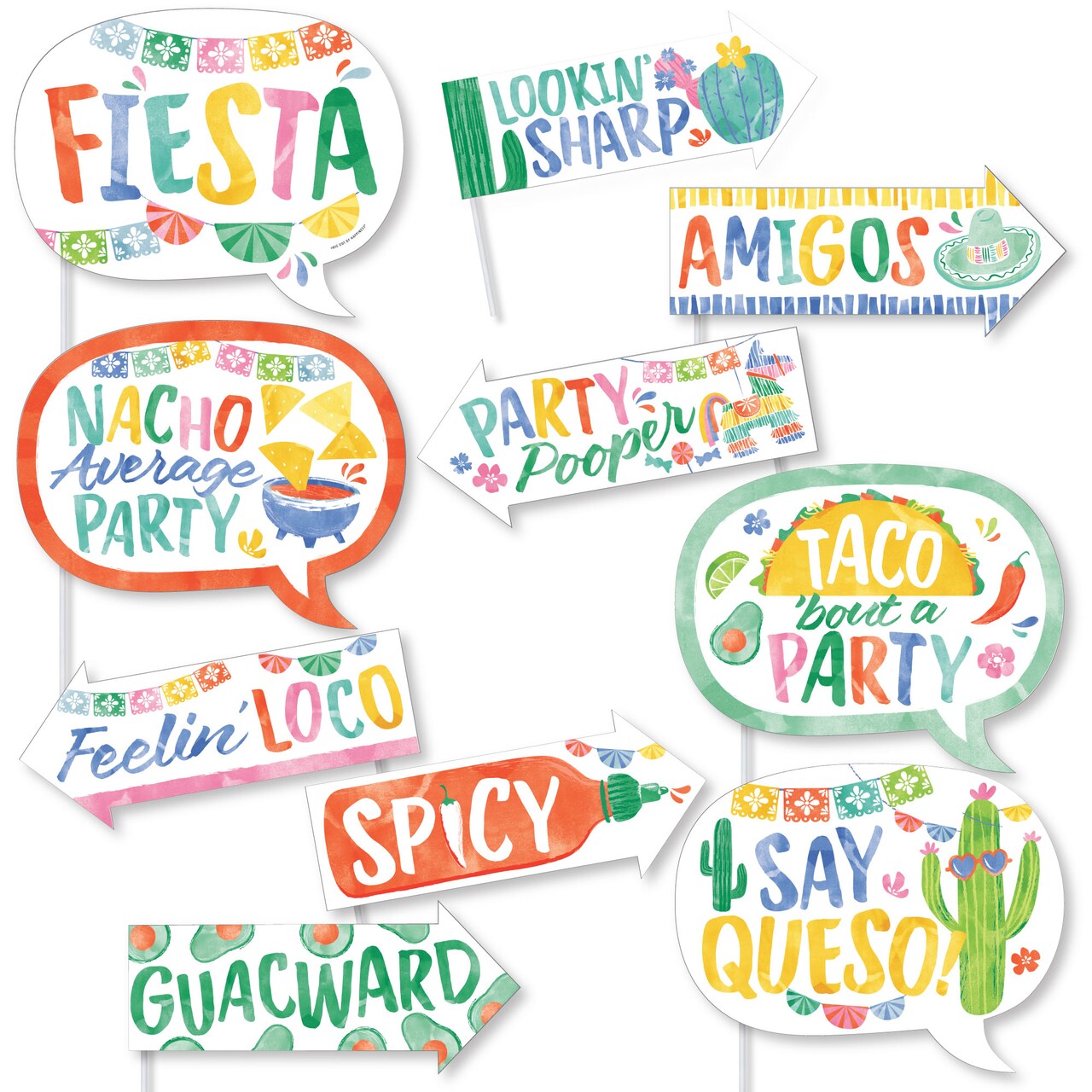 Big Dot of Happiness Funny Fiesta Photo Booth Props Kit, Colorful Mexican Themed Decorations, Fiesta Party Supplies - 10 Count Selfie Prop Sticks